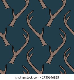 Seamless pattern with deer antlers. Vector dark blue background illustration. Nature wildlife animal backdrop.