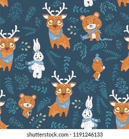 Seamless pattern with deer, bear and bunny. Perfect for cards, invitations, wallpaper, banners, kindergarten, baby shower, children room decoration. 