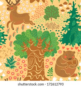 Seamless pattern with deer, bears in the woods. Perfect for a child's room design, wallpaper, texture surfaces. Vector illustration.