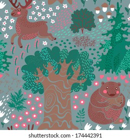 Seamless pattern with deer, bears in the woods. Perfect for a child's room design, wallpaper, texture surfaces. Vector illustration.