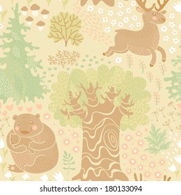 Seamless pattern with deer, bears in the woods. Perfect for a child's room design, wallpaper, texture surfaces. Vector illustration.