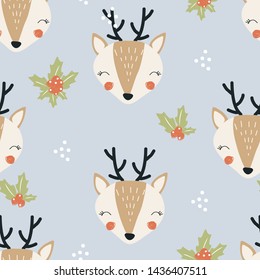 Seamless pattern with deer and berries. Vector illustration, design of wild animals, reptiles, for printing on fabric, clothing, packaging paper, bedding, printing, postcards. Cute baby background.