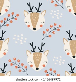 Seamless pattern with deer and berries. Vector illustration, design of wild animals, reptiles, for printing on fabric, clothing, packaging paper, bedding, printing, postcards. Cute baby background.