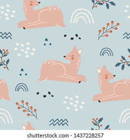 Seamless pattern with deer and berries. Vector illustration of wild animals design, print on fabric, clothing, wrapping paper, bed linen, typography, postcards. Cute baby background.