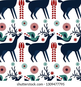Seamless pattern with deer, birds, snowflakes and flowers. Vector illustration.