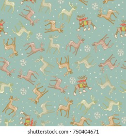 Seamless pattern with deer in blue vector illustration