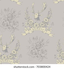 Seamless pattern with deer and bouquets on grey background