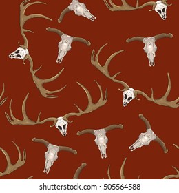 Seamless pattern. Deer and buffalo antlers and skull on a dark red background. Vector illustration.