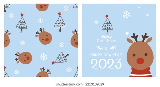 Seamless pattern with deer cartoons, snowflakes and Christmas tree on blue background vector illustration. 