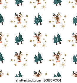 Seamless pattern with deer in childish style and green Christmas tree, decoration for New Year. Festive print with funny animal. Vector flat illustration