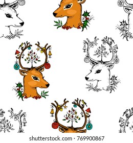 seamless pattern deer and Christmas animals. New Year. winter holidays. engraved hand drawn in old sketch and vintage style for postcards.