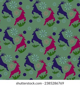 Patrón sin fisuras con ciervos y elementos decorativos de Año Nuevo sobre un fondo verde para textil, banner, tarjeta, cubierta, envoltura, diseño. Ilustración vectorial, Eps 10.