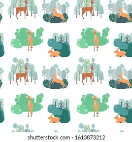 Seamless pattern with deer, doe, roe deer on the background of a tree, plant, bush and different elements. Vector illustrations in the Scandinavian style.