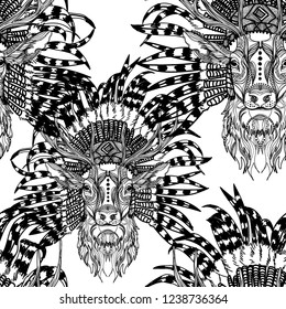 Seamless pattern deer with ethnic headdress. Deer in rouche. Freehand drawing, stylish print, ethnic print. Background with animals.