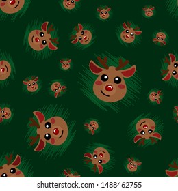 Seamless pattern with a deer face and decorative geometric elements on a green background. New Year card with a young deer with small horns. Print for fabric. Package design. 