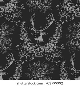 Seamless pattern with deer and floral wreath on black background