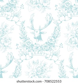 Seamless pattern with deer and floral wreath on white background 