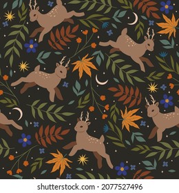 Seamless pattern with deer, flowers and leaves. Vector graphics.