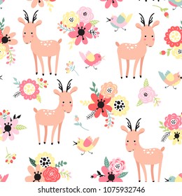 Seamless pattern with deer and flowers on a white background. Cute vector illustration for children.