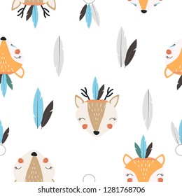 Seamless pattern of a deer and a Fox in a Scandinavian style. Vector illustration for printing on fabric, bed linen, packaging paper, dishes, banner, postcard. Cute baby background.