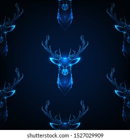 Seamless pattern with deer head with antlers made of lines, dots, stars, particles, low polygonal shapes ion dark blue background. Modern wire frame mesh design vector illustration. 