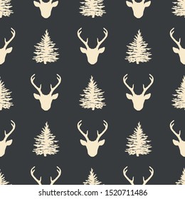 Seamless pattern with deer head and fir tree silhouettes. Vector winter holiday Christmas background. Nature wildlife animal backdrop. 