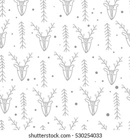 Seamless pattern with deer head and pine on snow background. Christmas wrapping paper. Hand drawn vector illustration