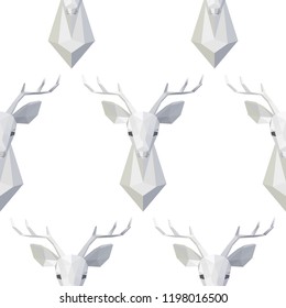 Seamless pattern with deer head polygonal vector model. Low poly illustration for Christmas and New Year greeting card, home decoration, wallpaper with 3d effect, animal backgrounds.