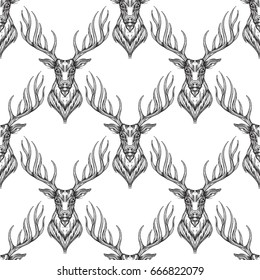 Seamless pattern with deer heads and geometric ornament on white background for wallpaper, textile, web page background and more.