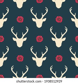 Seamless pattern with deer heads and roses. Vector romantic trendy background. Nature wildlife animal dark blue backdrop.