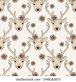 Seamless pattern and deer heads   roses  Vector romantic trendy background  Nature wildlife animal light vintage backdrop 