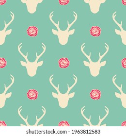 Seamless pattern with deer heads and roses. Vector romantic trendy background. Nature wildlife animal pastel green backdrop.