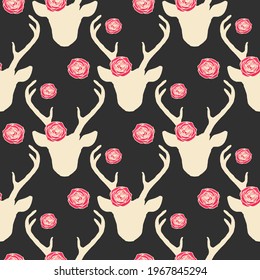 Seamless pattern with deer heads and roses. Vector romantic trendy background. Nature wildlife animal brown backdrop.