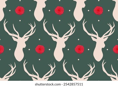 Padrão contínuo com cabeças de veados e rosas. Vetor vintage romântico trendy fundo. Elementos decorativos de renas de Natal. Vetor padrão natureza vida selvagem animal fundo verde escuro.