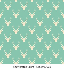 Seamless pattern and deer heads silhouettes  Vector hipster trendy background  Nature wildlife animal backdrop in light green   white 