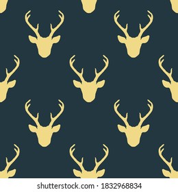 Seamless pattern with deer heads silhouettes. Vector nature wildlife animal background. Hunting trophy dark backdrop.