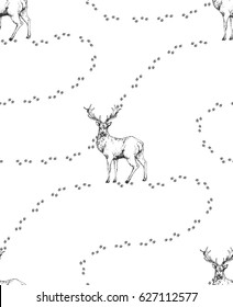 seamless pattern with deer and his footprint trace on white background