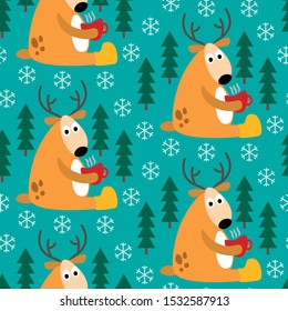 seamless pattern, deer holding a cup, drinking hot beverage