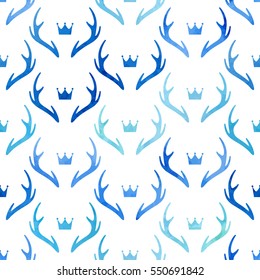 Seamless pattern with deer horns and crowns. Watercolor texture background