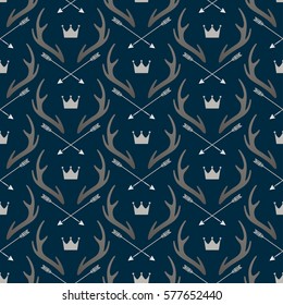 Seamless pattern with deer horns and crowns