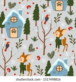 seamless pattern with deer and houses in the winter forest - vector illustration, eps