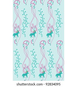 A seamless pattern of a deer listening to music through headset with music notes all around.