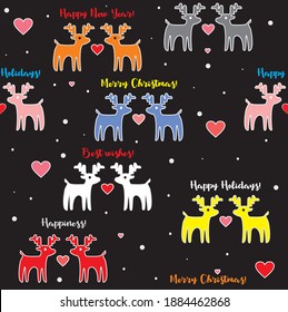 
Seamless pattern with deer in love and New Year's greetings in vector