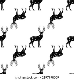 Seamless pattern with deer. Mystical pattern. Sun, stars, moon, phases of the moon. Vector.