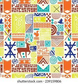 Seamless pattern with deer and northern national patterns. Vector illustration.
