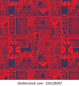 Seamless pattern with deer and northern national patterns. Vector illustration.