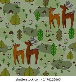 Seamless pattern with deer on forest background with green and brown tones. Vector illustration