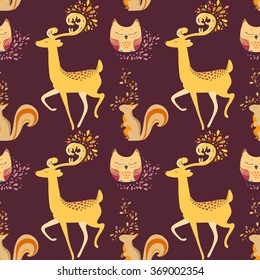 Seamless pattern with deer, owl, squirrel and abstraction. Hand drawn colorful Vector illustration.