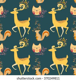 Seamless pattern with deer, owl, squirrel and abstraction. Hand drawn colorful Vector illustration.