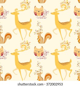 Seamless pattern with deer, owl, squirrel and abstraction. Hand drawn colorful Vector illustration.